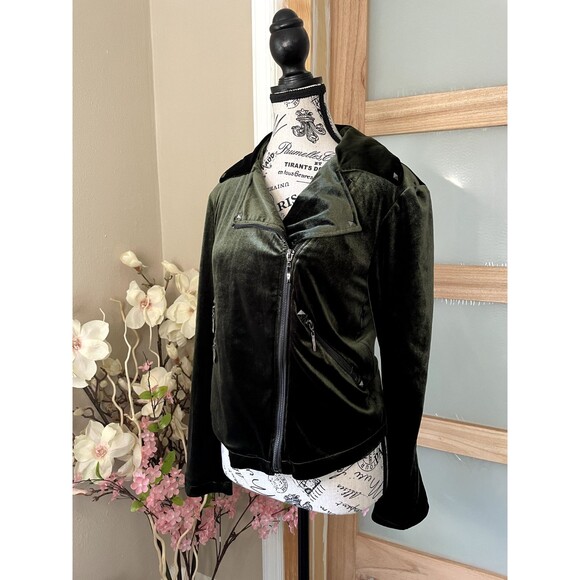Belle Badgley Mischka Green Velvet Moto Jacket Women's Size Small Preowned - Picture 5 of 9